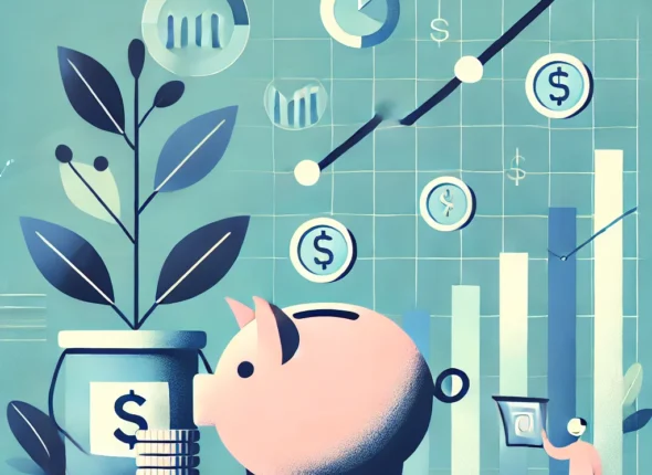 DALL·E 2025-03-10 12.49.26 - A minimalist and modern digital illustration for the course 'Saving Made Simple.' The image features a piggy bank with coins dropping into it, a finan