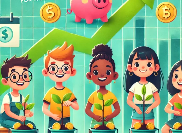 DALL·E 2025-03-10 12.50.15 - A fun and engaging digital illustration for the course 'Investing for Kids.' The image features a diverse group of happy children planting coins in sm